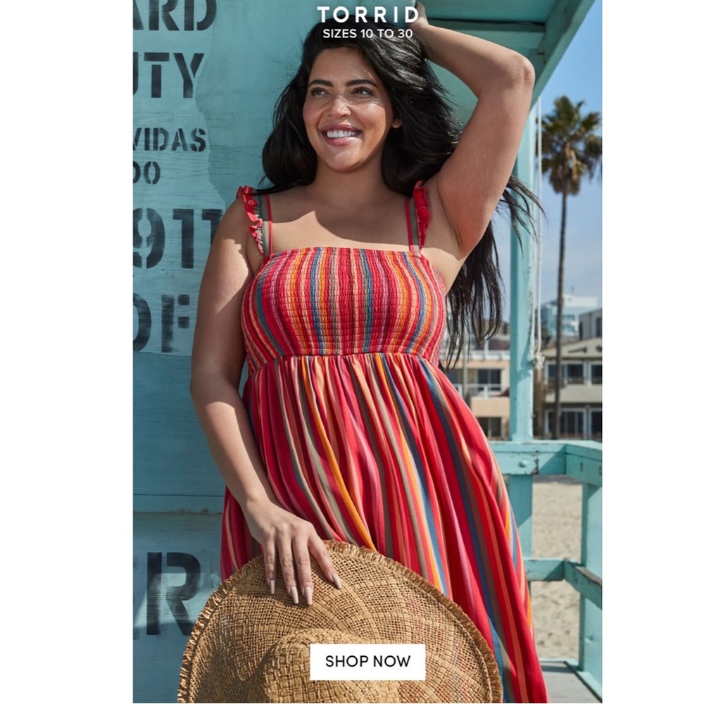Torrid Midi Challis Smocked Tiered Dress in Stripe Pink - Picture 9 of 13